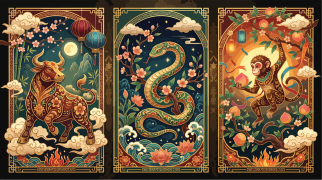 Ornate illustrations of a majestic bull a winding snake and a playful monkey representing three signs of chinese zodiac astrology