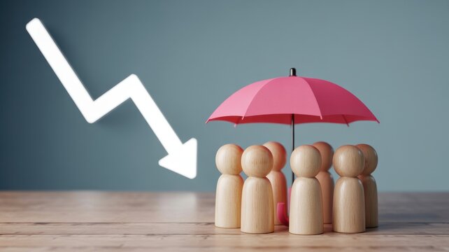 Group of wooden people figures under a pink umbrella protected from a sharp downward falling white arrow