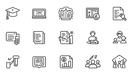 Fototapeta premium Academic graduation and business training linear icons bundle including university degree certificate online course students classroom and document vector