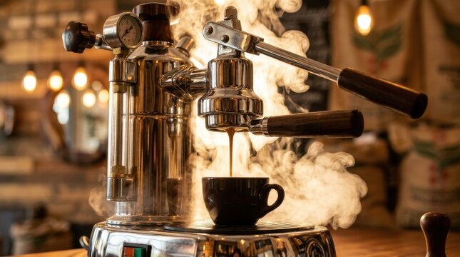 Coffee being brewed with espresso machine steam rising in a cozy cafe setting
