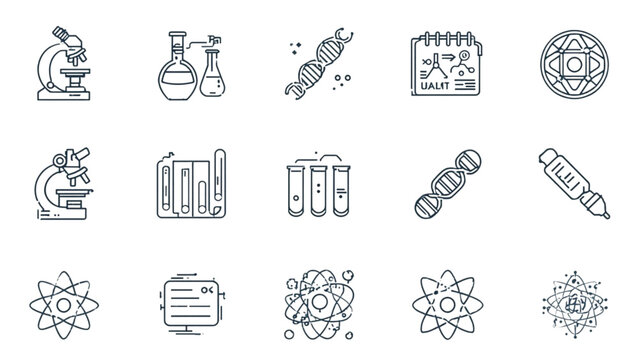Scientific experiment and medical laboratory linear icons bundle including microbiology microscope DNA strand chemistry flask atom and bio engineering symbols