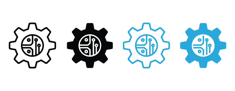 Gear circuit icon set featuring technology, engineering, automation, and digital process symbols for industrial systems and software interface design.