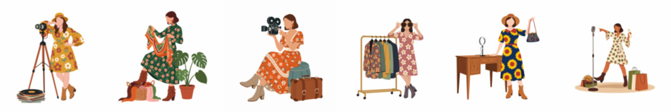 Flat illustration set of women in vintage floral dresses engaged in various creative fashion and lifestyle activities on a white background.