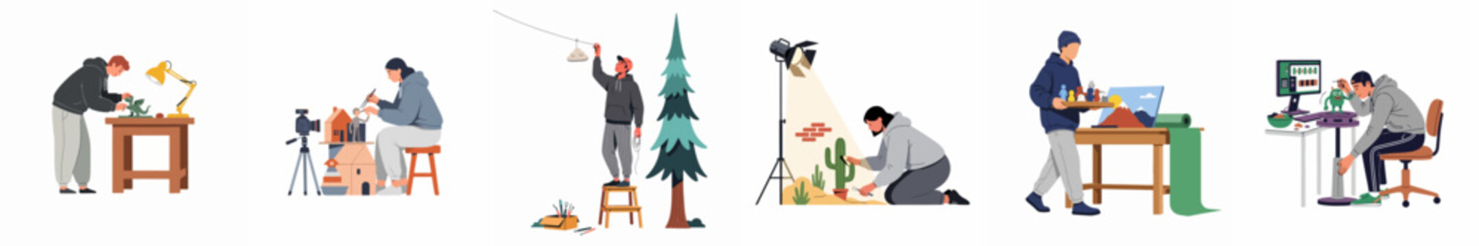 Flat vector illustration collection of people creating miniature models, sets, and characters for stop-motion animation or film production projects.