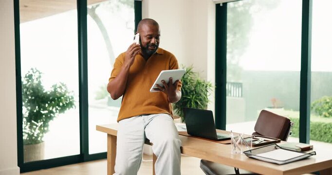 Black man, tech and phone call with chat for remote work, editing article and creative process in home. Project draft, freelance writer and communication for report with editor for story development