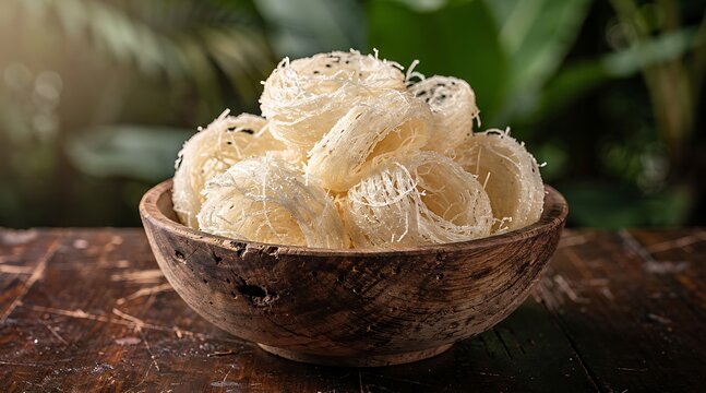 Edible bird nest raw ingredient in a rustic wooden bowl.