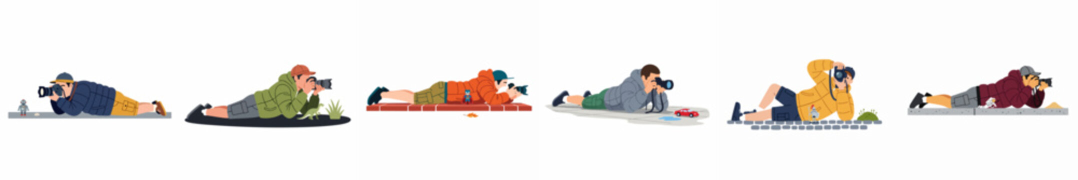 Set of photographers lying on the ground taking photos of small toys from a low angle perspective, creative macro photography concept.