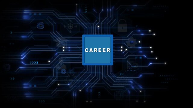 Career Development Chip with Glowing Circuit Connections on Dark Blue Technology Background for Digital Workforce Growth