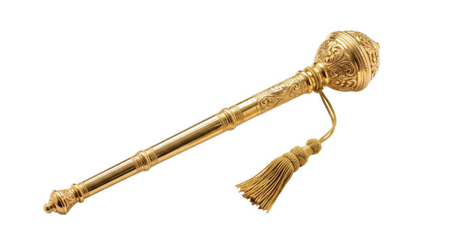 An ornate golden ceremonial mace with intricate engravings isolated on transparent background