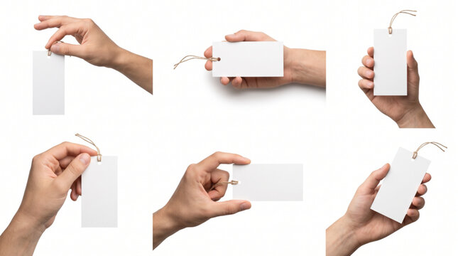 Collection of various male hands holding blank white paper tags with strings for price labels, gift tags, or branding mockups isolated on a white background for professional retail design sets.