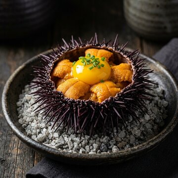 Fresh sea urchin uni and egg yolk served in shell on rock salt