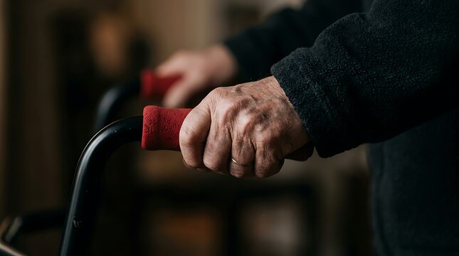 Close up of an elderly person hands holding onto a metal walker frame for support and stability while walking indoors in a home environment setting