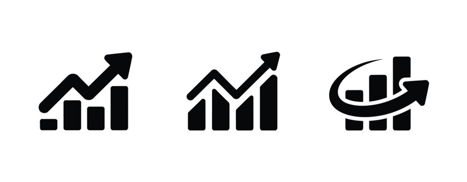 Growing bar chart icon vector featuring upward profit, revenue growth, and financial performance symbols in editable flat and outline styles for business reports.