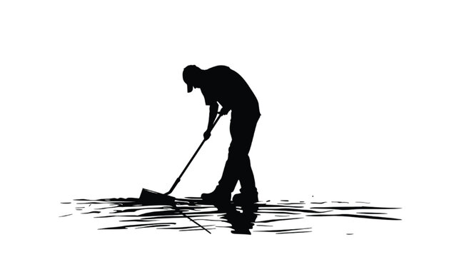 Janitor silhouette sweeps the floor with a long broom while working in a stooped posture against a clean white background to depict maintenance services.