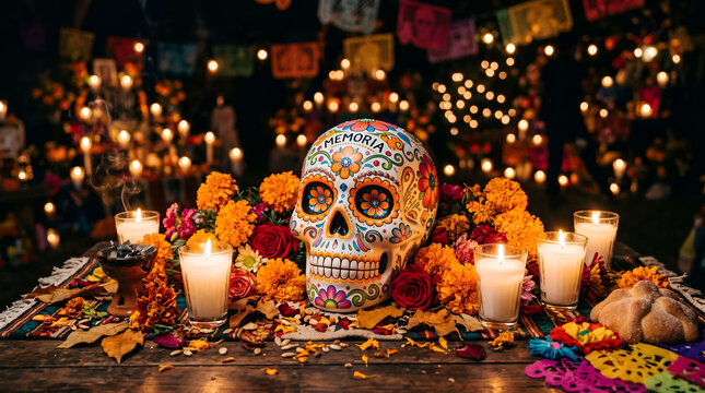 Traditional day of the dead altar ofrenda with decorated sugar skull marigold flowers candles and sweet bread for spiritual ancestor remembrance