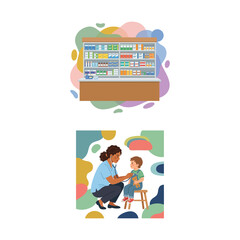 Fototapeta premium Pediatric Consultation and Pharmacy Shelf Illustration Set for Modern Healthcare Services