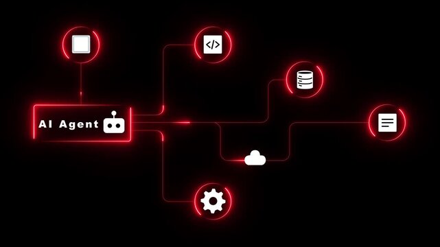 Ai Agent control system featuring red neon connection paths, interface icons and cloud links on a dark technology background