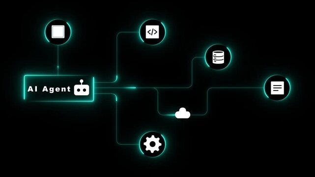Agent automation dashboard with cyan neon pathways, connected service icons and cloud nodes on a dark tech background