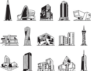 Obraz premium Collection of Minimalist Architectural Landmarks and Modern Skyscraper Building Icons in Black and White