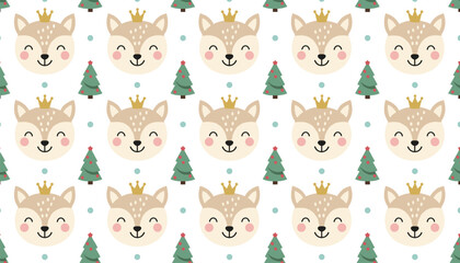 Naklejka premium Whimsical seamless pattern with cute cartoon deer wearing crowns and pine trees on a white dotted background.