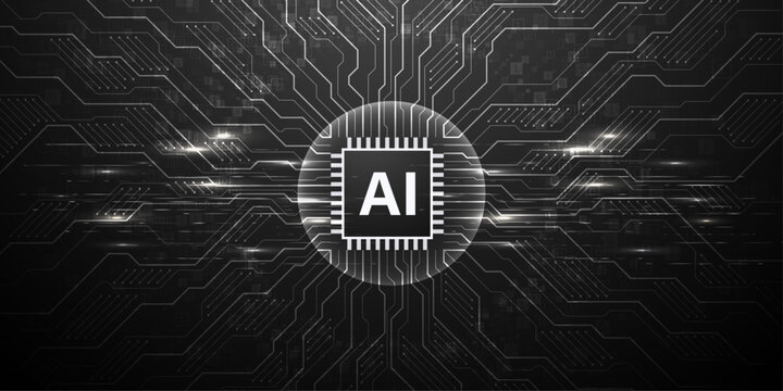 Abstract artificial intelligence concept with glowing AI chip on circuit board pattern background.