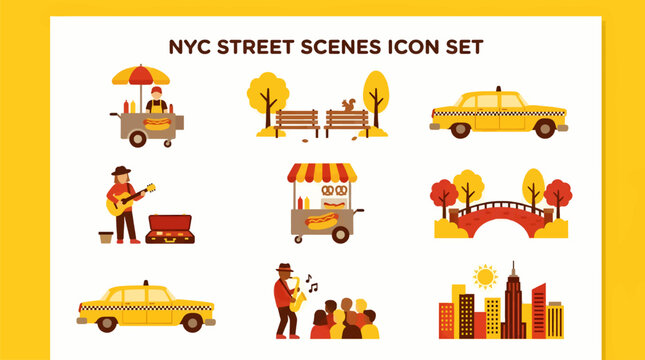 Flat Icon Set of New York City Street Scenes, Including Hot Dog Cart, Street Performer, Yellow Taxi, Park Bench, and City Skyline, Autumn Colors