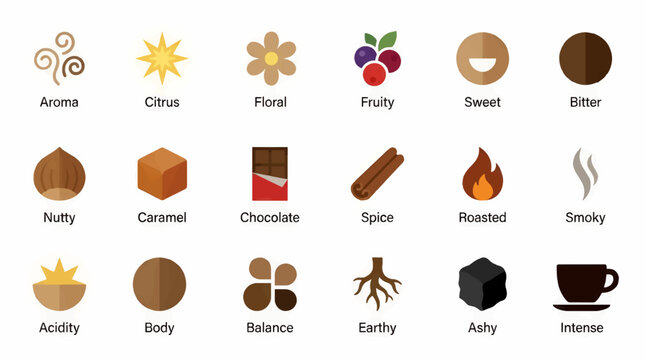 Flat Icons Representing Coffee Flavor Profiles and Aroma: Aroma, Citrus, Floral, Fruity, Sweet, Bitter, Nutty, Caramel, Chocolate, Spice, Roasted, Smoky, Acidity, Body, Balance, Earthy, Ashy, Intense