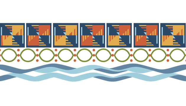 Geometric border ornament with colorful square blocks, olive green leaf patterns, and light blue waves at bottom.