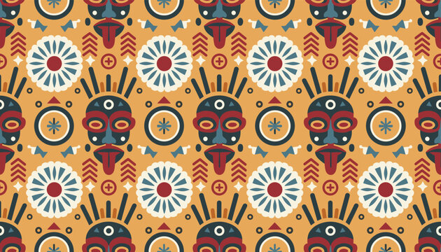 Tribal mask seamless pattern with ethnic geometric elements and abstract suns on warm ochre yellow background.