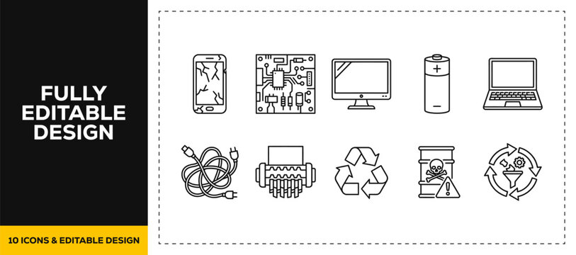 flat vector illustration line art icon bundle set design representing office workplace desk computer chair monitor business space corporate job employment graphic ui