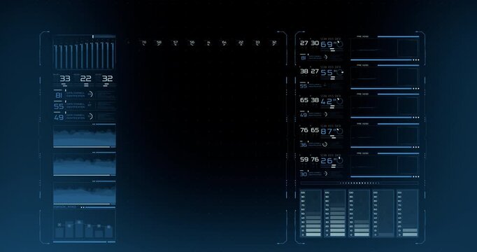 A dark futuristic HUD interface displays glowing blue data channels, numeric readouts and bar graphs across a high-tech control screen.
