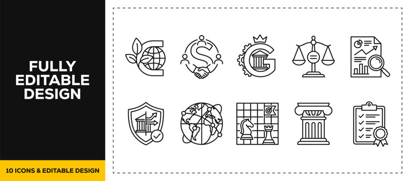 flat vector illustration line art icon bundle set design for legal justice court law scale judge hammer authority judgment lawyer balance education graphic web app ui