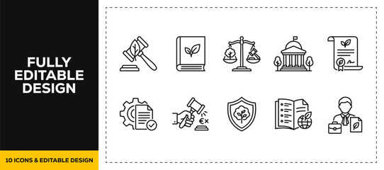 Naklejka premium flat vector illustration line art icon bundle set design covering courtroom judge law legal justice system trial authority hammer attorney balance scale graphic app ui
