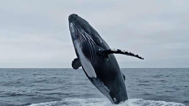 Humpback whale breaching out of the ocean.