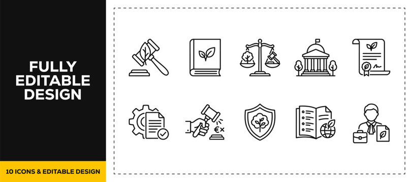 flat vector illustration line art icon bundle set design covering courtroom judge law legal justice system trial authority hammer attorney balance scale graphic app ui