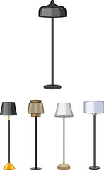 Fototapeta premium Collection of five diverse standing floor lamps featuring various shapes, colors, and styles, providing elements for modern home interior design and illumination concepts