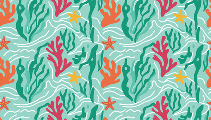 Fototapeta premium Vibrant seamless pattern featuring a colorful coral reef with sea anemones and starfish on a teal background.