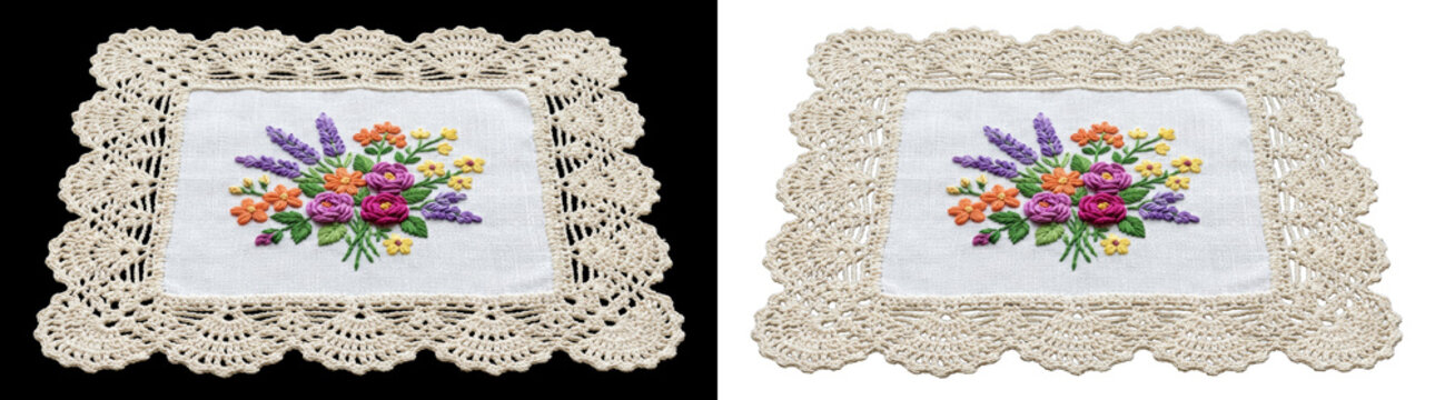 Decorative square white lace placemat with floral needlework on png background art
