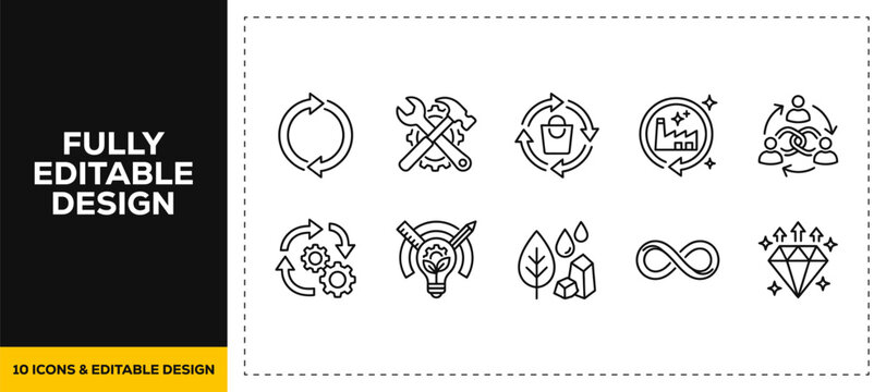 flat vector illustration line art icon bundle set design for circular economy cycle recycle ecology sustainability arrow green nature eco friendly environment app ui