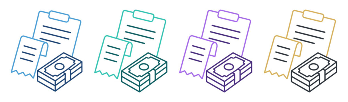 receipt payment documents cash outline icons set on transparent background