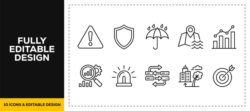 flat vector illustration line art icon bundle set design representing emergency alert safety warning hazard alarm siren danger caution risk security protection app ui