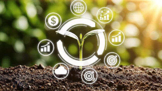 Green plant sapling growing from soil with circular economy icons.