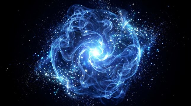 Glowing blue plasma orb swirling with ethereal smoke and brilliant star particles set against a deep black void creating a powerful cosmic energy field visual display