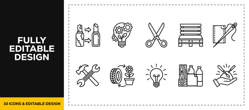 flat vector illustration line art icon bundle set design depicting repair tools hardware wrench hammer fix maintenance construction industry equipment graphic app ui