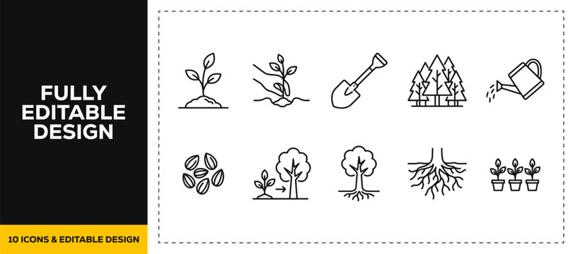 flat vector illustration line art icon bundle set design featuring planting roots garden agriculture nature soil sprout ecology tree growing environment graphic ui