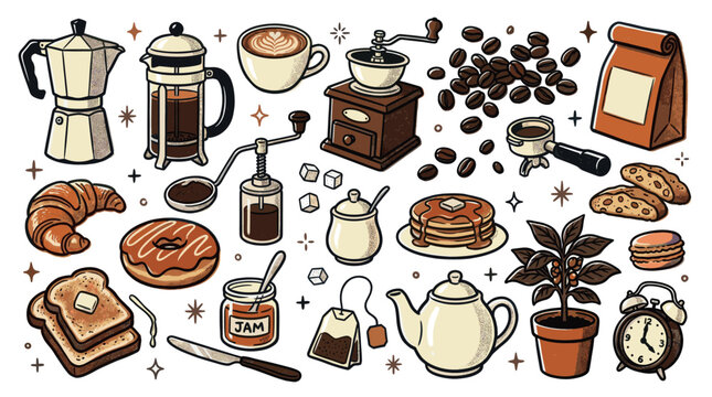 Delightful collection of hand-drawn breakfast and coffee elements, including a moka pot, french press, croissant, and pancakes, on a clean white background