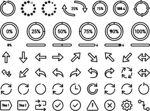 Comprehensive vector icon set featuring circular loading progress, status indicators, navigation arrows, and essential UI interface elements for digital design projects