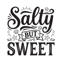 Fototapeta premium Salty but sweet typography with seashells and starfish on white background
