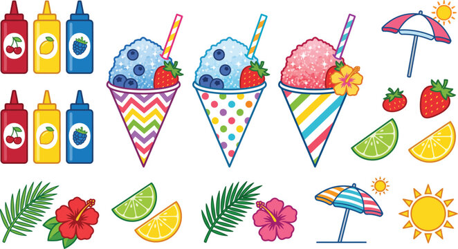 Colorful ice snow cones clip art illustration with a flat vector style and vibrant summer hues