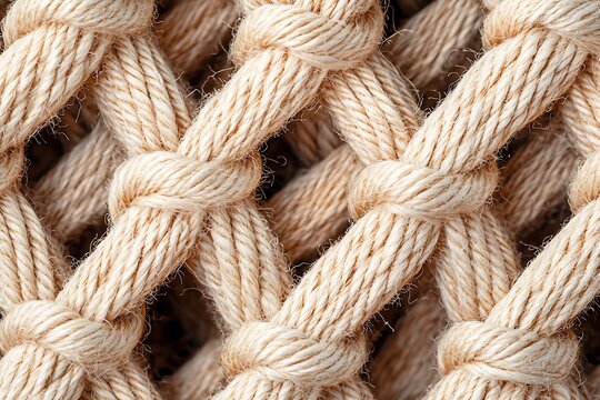 Close-up of knotted beige rope with detailed fibers showing intricate weaving pattern and texture background